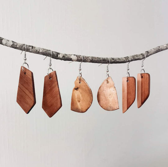 Wooden Handmade Earrings in a range of styles, made from recycled remilled timber. 
